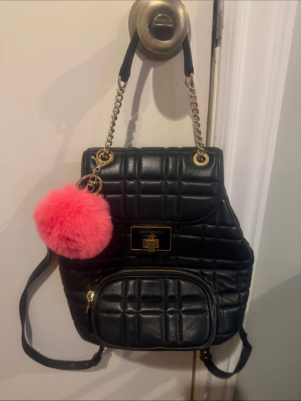 kate spade Black Quilted Leather Backpack with Pink Pom Pom Charm